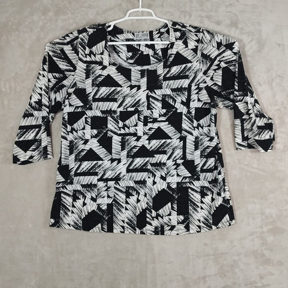 JM Collection Women Blouse Black White Geometric 3/4 Sleeve Pullover Top Size 2X